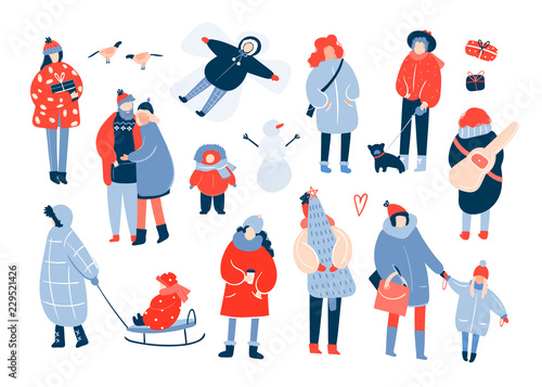 Winter activities. Various people. Hand drawn colored vector set. All elements are isolated