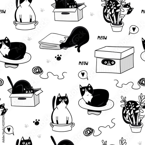 Cute cat hiding in various objects. Hand drawn vector seamless pattern