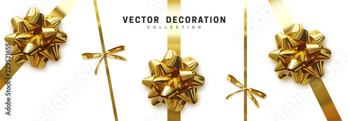 Bows gold realistic design. Decorative gift bows with ribbons isolated on white background
