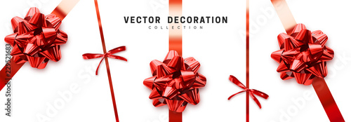 Bows red realistic design. Decorative gift bows with ribbons isolated on white background