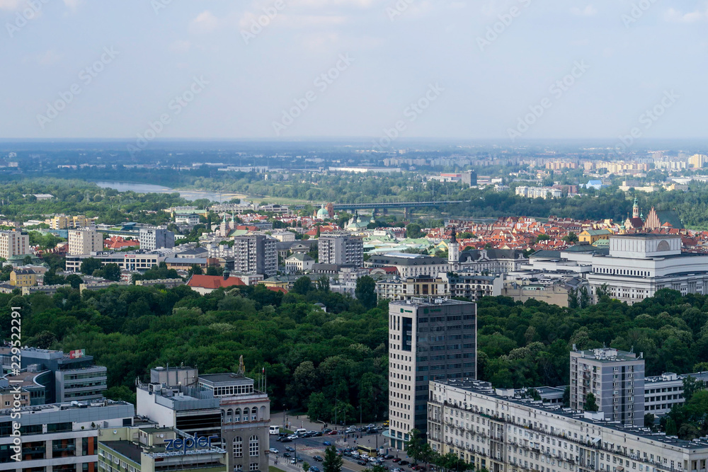 Skyline of Warsaw with business buildings and skyscrapers seen from the Palace of Culture and Science