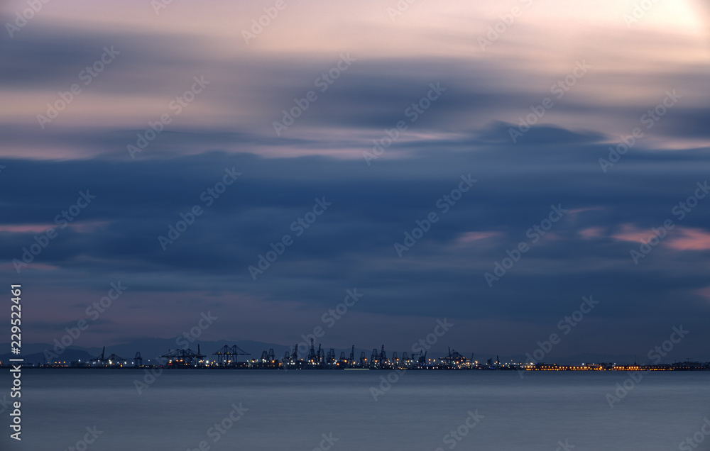 Ultra long exposure of Valencia commercial port at dusk