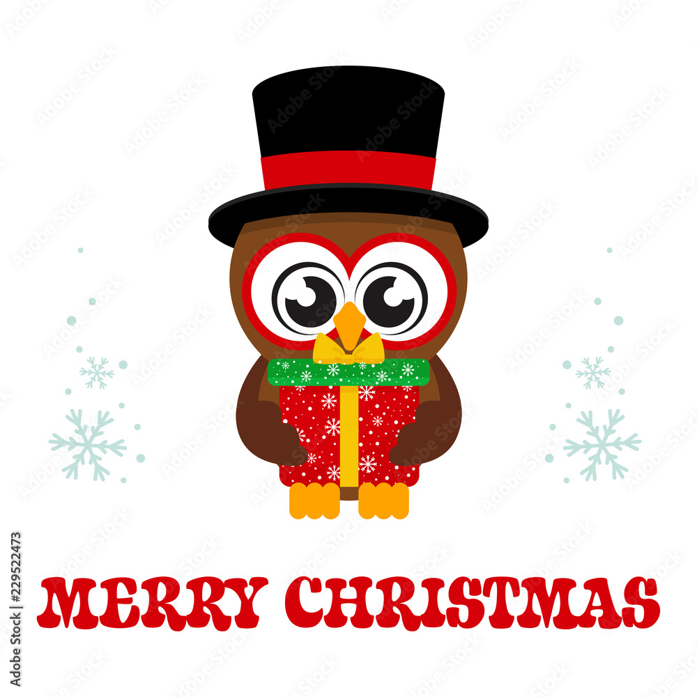 Fototapeta premium winter cartoon cute owl in hat with christmas gift and christmas text