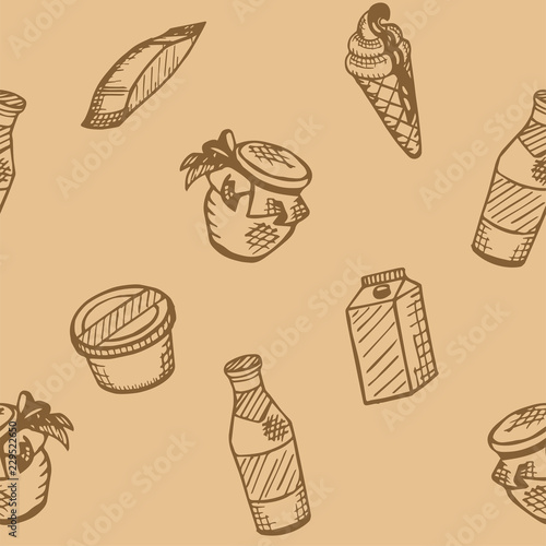 Food theme, seamless pattern. Dairy products. Milk, ice-cream, yoghurt, butter, sour-cream etc. Vector background, texture, illustration.