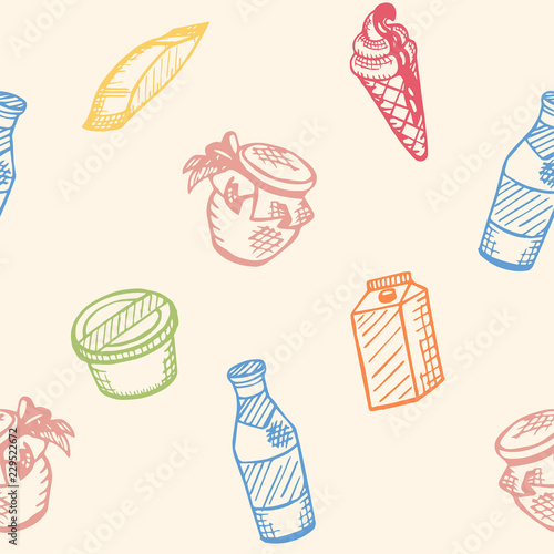 Food theme, seamless pattern. Dairy products. Milk, ice-cream, yoghurt, butter, sour-cream etc. Vector background, texture, illustration.