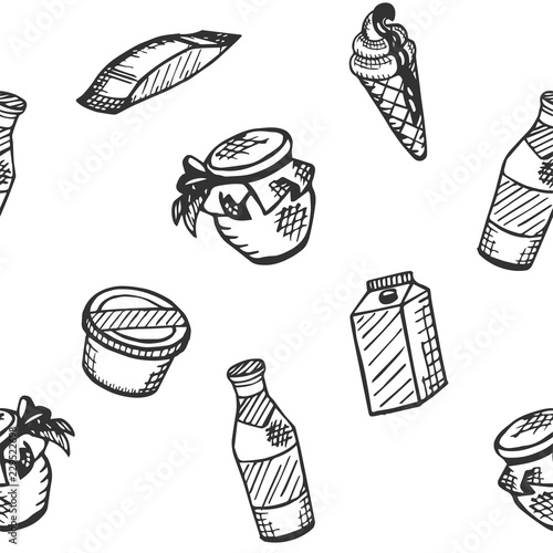 Food theme, seamless pattern. Dairy products. Milk, ice-cream, yoghurt, butter, sour-cream etc. Vector background, texture, illustration.