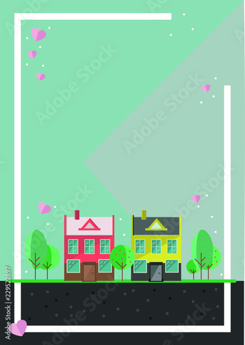 Poster with a space for text. Small village with colorful houses vector illustration