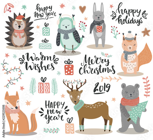 Set of christmas theme design elements - hand written elements, woodland cute animals, gifts and florals