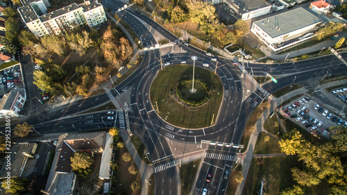 ROUNDABOUT AERIAL DRONE PHOTO. CITYSCAPE IN HUNGARY, GYŐR