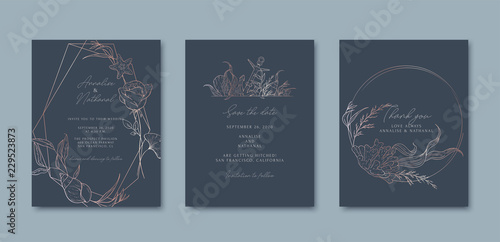 Set of card with sea elements, flowers, leaves and pink gold geometrical frames. Wedding ornament concept. Vector decorative blue card, invitation design background. Elegant cards templates.