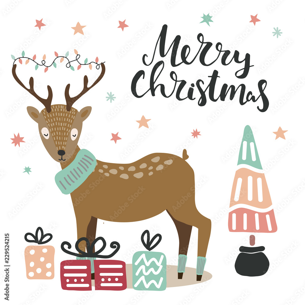 Illustration of deer and christmas tree and hand lettering merry christmas words Illustration of deer and christmas tree and hand lettering merry christmas words