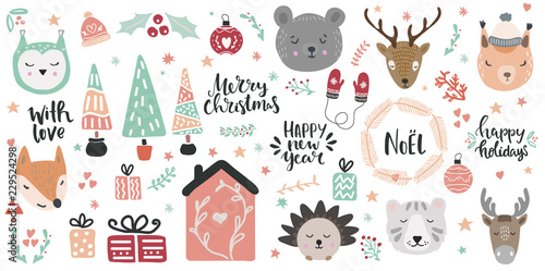 Big set of cute animal faces and christmas hand drawn lettering and clip art design elements. Woodland animals vector illustration