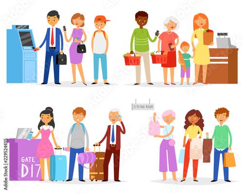 Queue vector people waiting line queuing in long row in supermarket to airport gate or ATM illustration set of woman or man character standing to fitting room isolated on white background