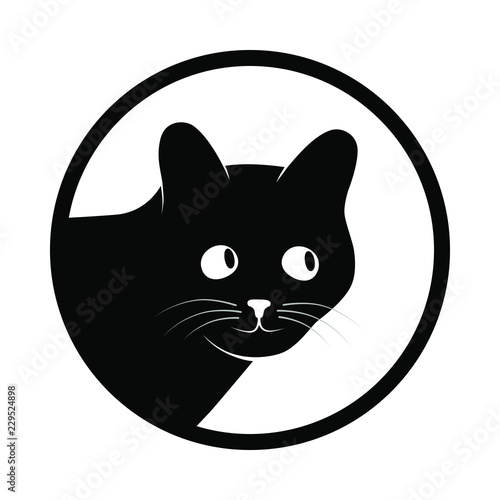 Sign head cat. Isolated black silhouette head cat in circle on white background. Vector illustration