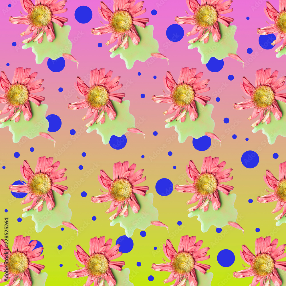 Φωτογραφία a solitary pink flower on a rainbow graphic background, textured,  trendy colors