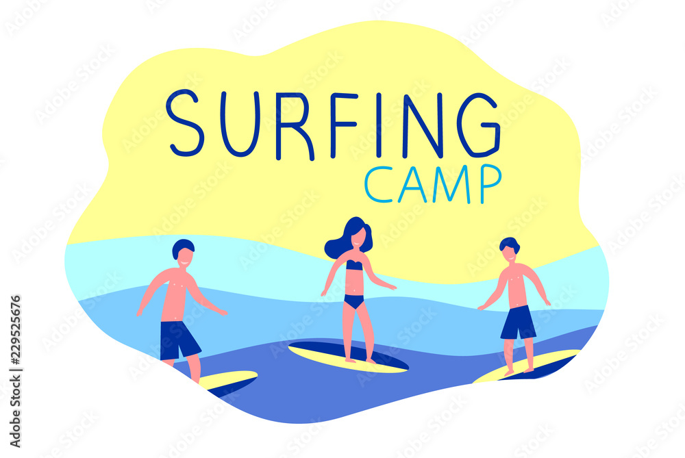 Surfing camp - active trip. Surfers with surfboards. Ocean, waves, sun and sea.