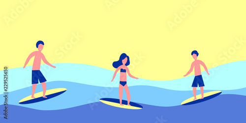 Surfers with surfboards. Surfing camp - active trip. Ocean, waves, sun and sea.