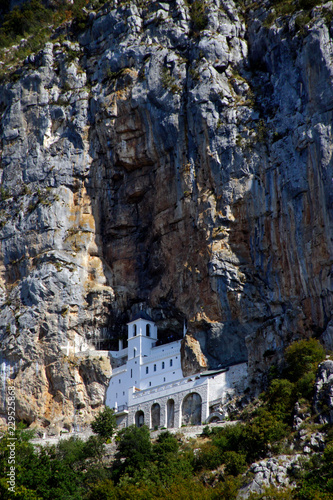 The beautiful sight of the Monastery of Ostrog, which is built into a steep mountain cliff