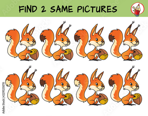Funny little squirrel with a nut. Find two same pictures. Educational game for children. Cartoon vector illustration