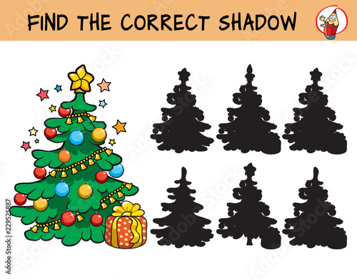 Christmas tree. Find the correct shadow. Educational matching game for children. Cartoon vector illustration