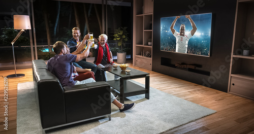Group of fans are watching a soccer moment on the TV and celebrating a goal, sitting on the couch in the living room. © haizon