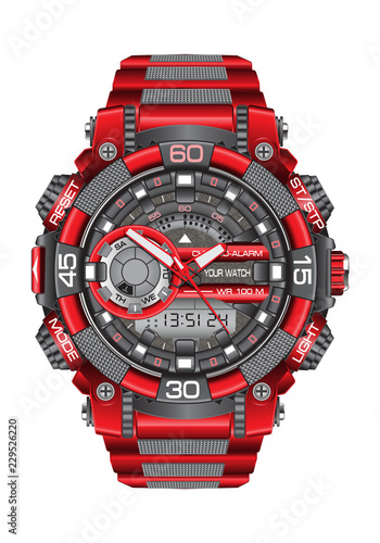 Realistic red grey watch clock chronograph sport modern for men on white background vector illustration.