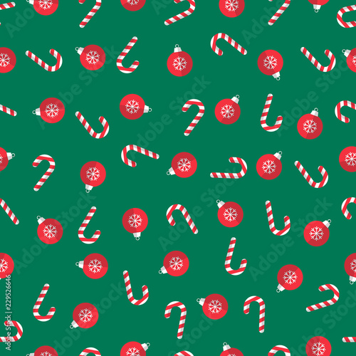X'mas things seamless pattern gift wrap paper. Candy cane, snowflake ball. Green rectangle background. Flat style. 