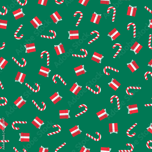 X'mas things seamless pattern gift wrap paper. Candy cane, gift box. Green rectangle background. Flat style. 