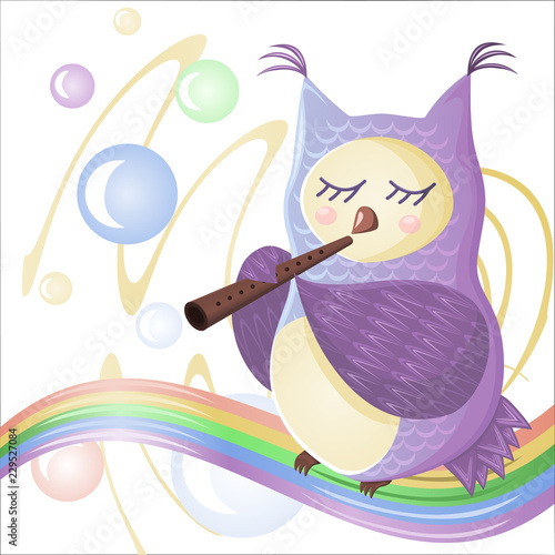 owl play the flute on the rainbow, soap bubbles fly around her