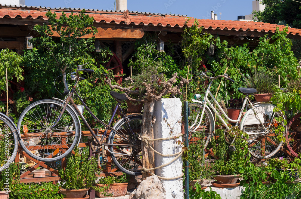 Old-fashioned retro bikes decorating the green garden in Heraklion (Greece)