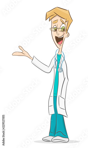 Doctor show something by hand. Cartoon Vector Illustration.