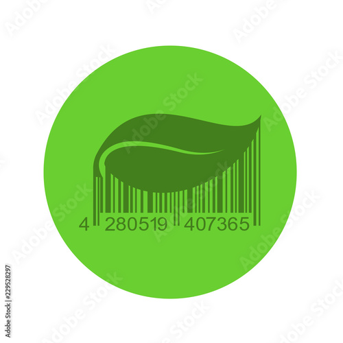 Icono plano código de barras hoja de planta en circulo verde