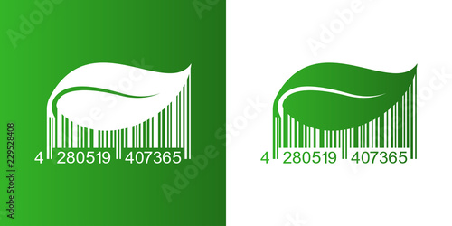 Icono plano código de barras hoja de planta en verde y blanco