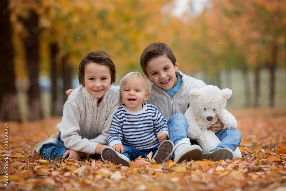 Portrait of adorable children, brothers, in autumn park,playing together Portrait of adorable children, brothers, in autumn park,playing together