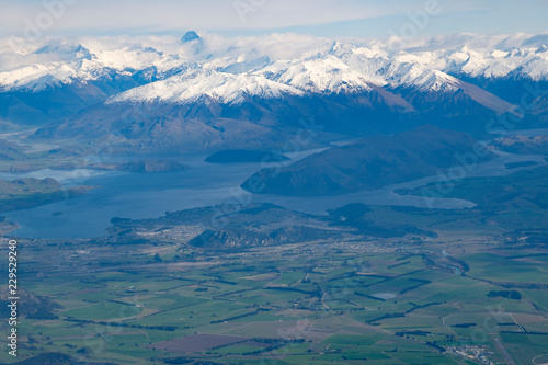 Wanaka on New Zealand's South Island, aerial view from commercial airplane