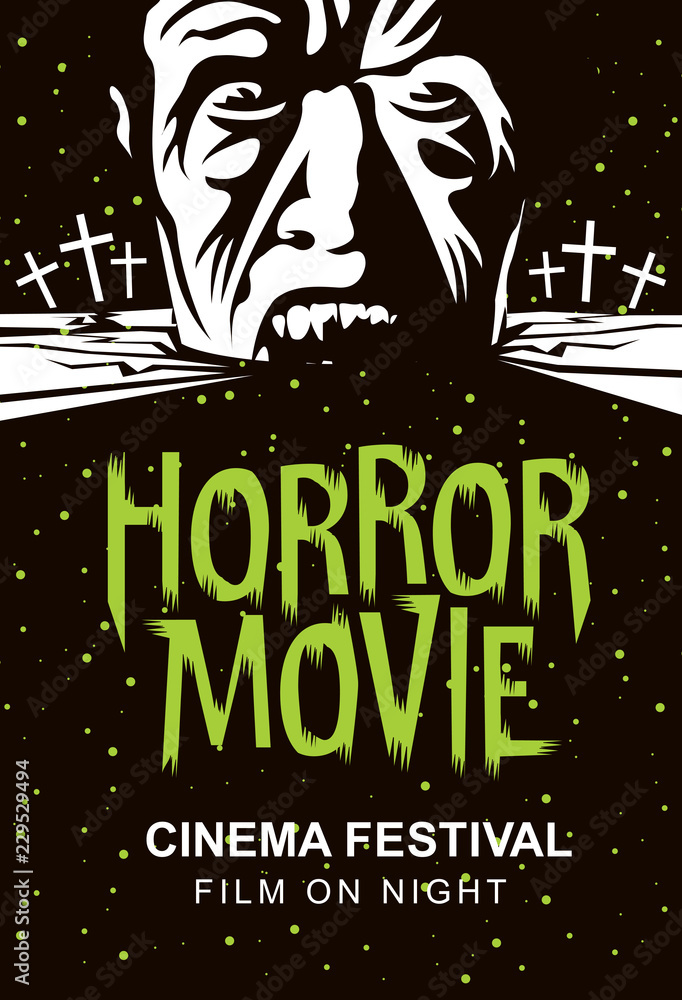 Fototapeta premium Vector poster for a horror movie festival with a head of a creepy zombie in the graveyard on a moonlit night. Scary cinema. Horror film night. Can be used for advertising, banner, flyer, web design