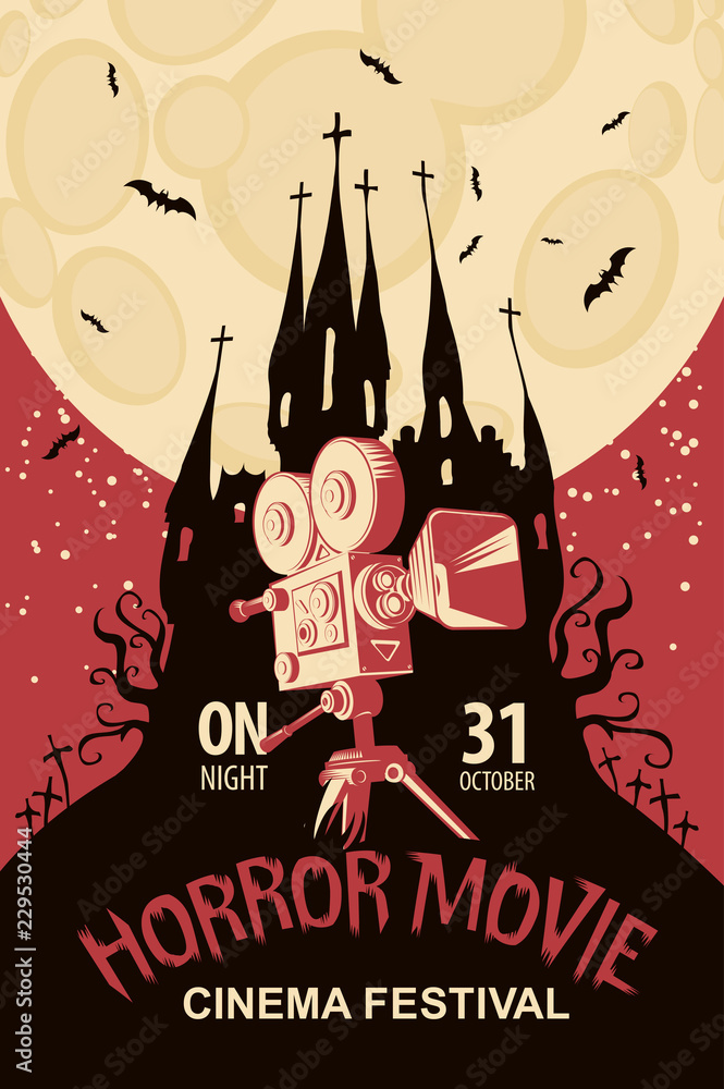 Fototapeta premium Vector poster for a festival of horror movie with an old film projector and creepy Gothic castle on a cemetery at the moonlit night. Scary cinema. Can be used for ad, banner, flyer, web design