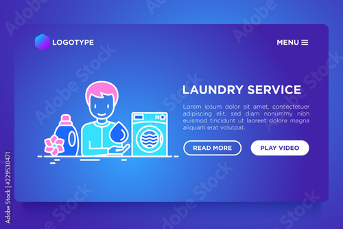 Laundry service concept thin line icons: washing machine, fabric softener. Vector illustration, web page template on gradient template.