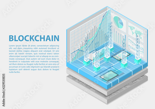 Blockchain isometric vector illustration. Abstract 3D infographic for blockchain related topics