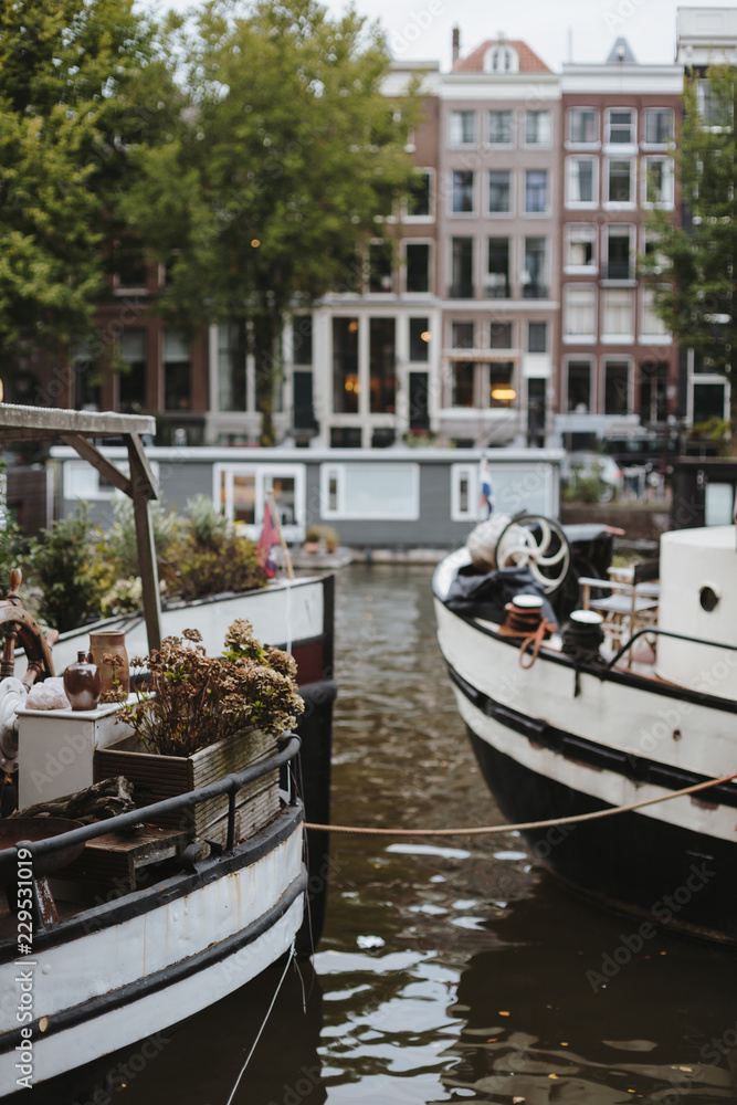 Fototapeta premium Typical Dutch Houses and Canal in the Center of Amsterdam