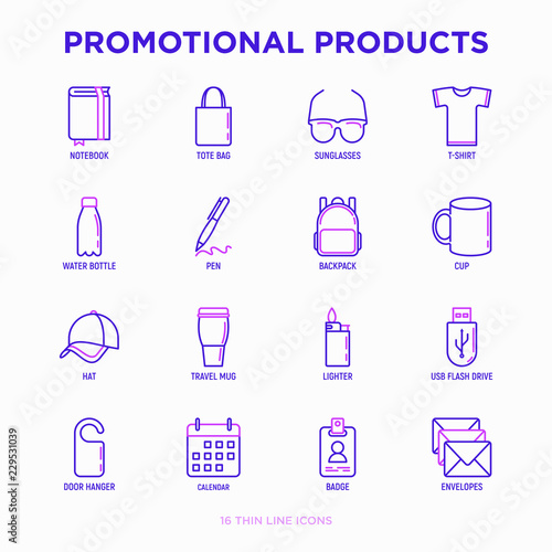 Promotional products thin line icons set: notebook, tote bag, sunglasses, t-shirt, water bottle, pen, backpack, cup, hat, travel mug, usb, lighter, calendar. Modern vector illustration.