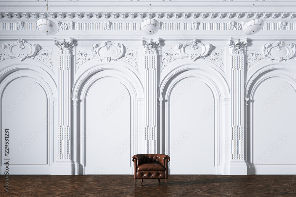 Big white classic interior museum hall with vintage leather armchair 3d ...