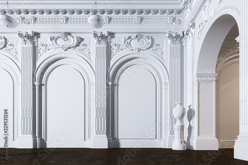 Fototapeta Naklejka Na Ścianę i Meble -  Big white classic interior museum hall with vintage leather armchair 3d render