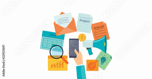 flat vector for use mobile online  multi task daily working connection concept 
