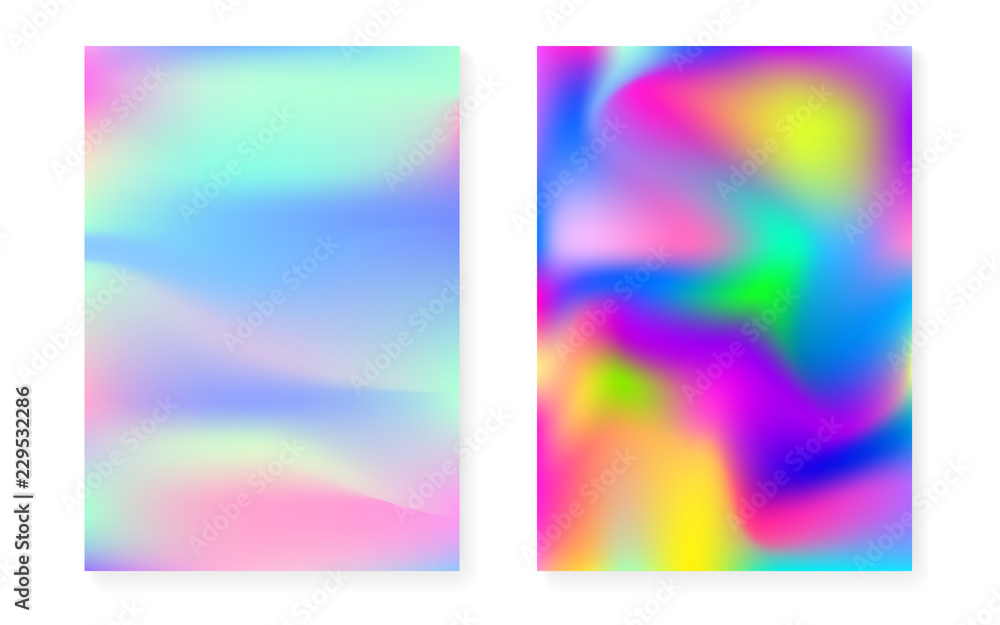 Hologram gradient background set with holographic cover. 90s, 80s retro style. Iridescent graphic template for flyer, poster, banner, mobile app. Multicolor minimal hologram gradient.