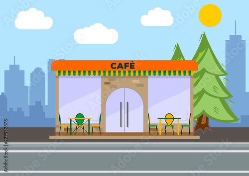 Street cafe. City landscape concept. Flat design. Vector illustration.