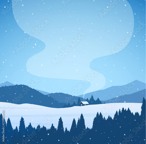 Vector illustration: Winter cartoon snowy mountains landscape with forest, house and smoke from chimney