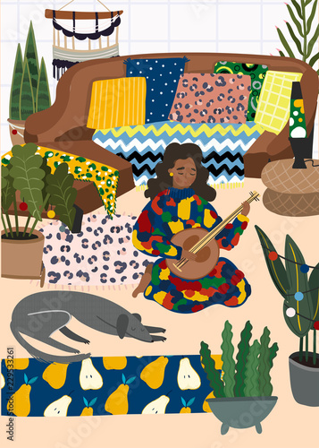 Lady with banjo in bohemian interior. Colored vector illustration