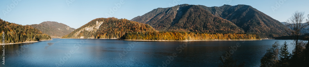 Panoramic view of Lake Sylvenstein (Sylvensteinspeicher) in autumn, Bavaria