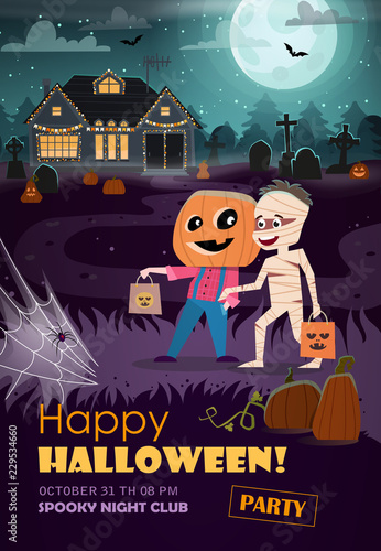 Halloween flyer with mummy and jack o lantern